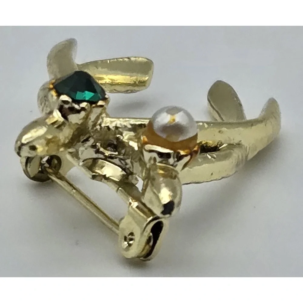 Vintage Gold Tone Wishbone Brooch Lucky‎ Charm Faux Pearl Green Rhinestone Pin